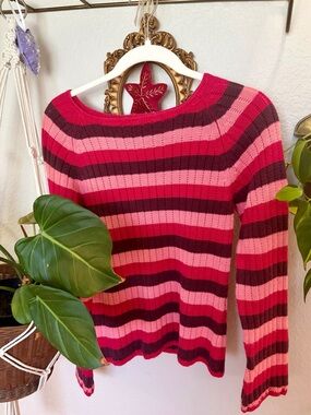 Xhilaration Striped Crewneck Sweater in Pink & Burgundy
